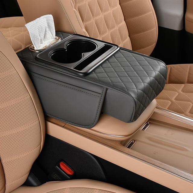 5-in-1 Car Armrest Storage Box, PU Leather Console Organizer with Cup & Phone Holder, Tissue Slot & Side Pockets for Most Sedans