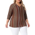 thumbnail image 4 of Agnes Orinda Blusas de Mujer Talla Grande con Cuello en V y Manga 3/4, Camiseta de Punto a Rayas Bohemia 4X Rojo Marrón, 4 of 6