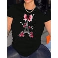 thumbnail image 1 of Chic Bow & Floral Eiffel Tower Print Women's T-Shirt - Casual Crew Neck, Short Sleeve, Stretchy Polyester Blend, Machine Washable - Perfect for Summer, 1 of 6