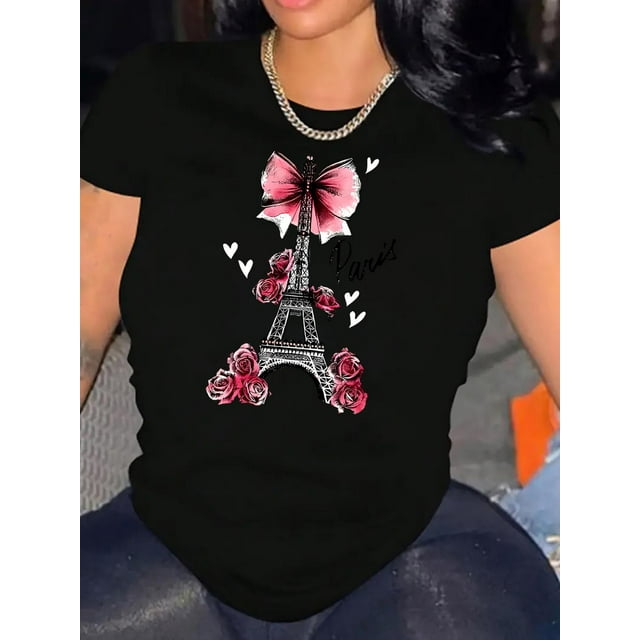Chic Bow & Floral Eiffel Tower Print Women's T-Shirt - Casual Crew Neck, Short Sleeve, Stretchy Polyester Blend, Machine Washable - Perfect for Summer