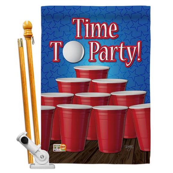 Breeze Decor BD-BV-HS-117032-IP-BO-D-US14-BD 28 x 40 in. Time to Party Happy Hour & Drinks Beverages Impressions Decorative Vertical Double Sided House Flag Set & Pole Bracket Hardware