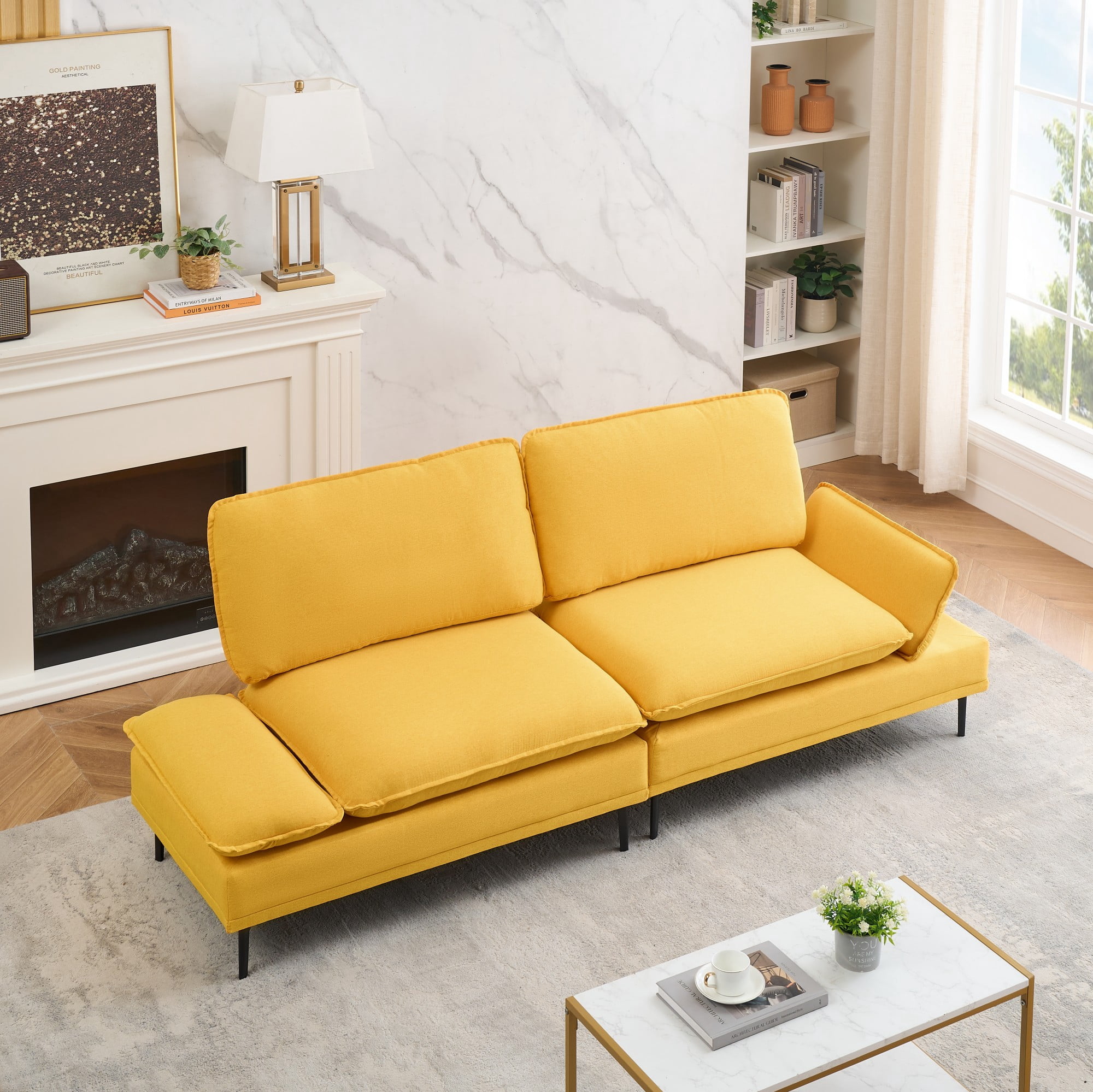 89" Sofa Couch for Living Room,3 Seater Sofa,Comfy Cotton Upholstered Couch with Adjustable Armrest for Small Space,Yellow