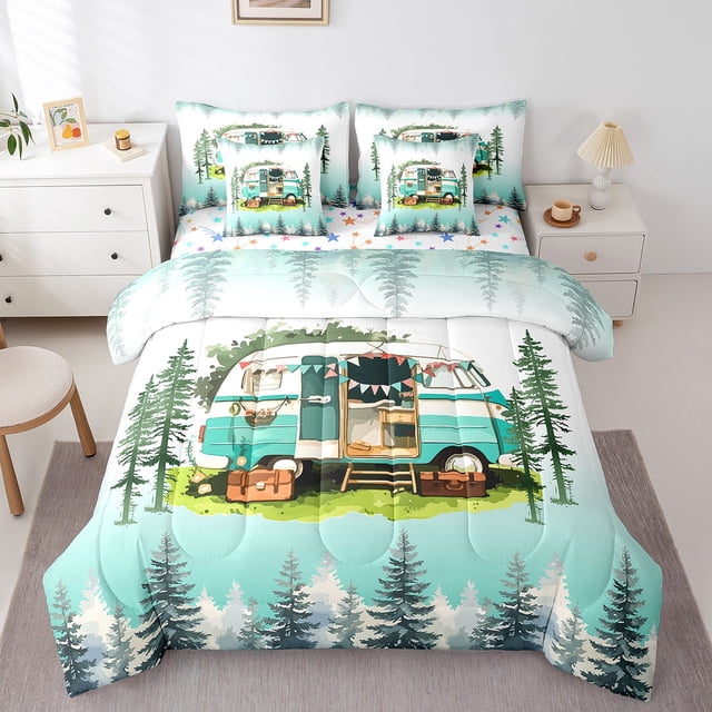 Erosebridal Happy Camping Bedding Sets King Size, Camper RV Accessories Comforter Sets with Sheets, Reversible 7pcs
