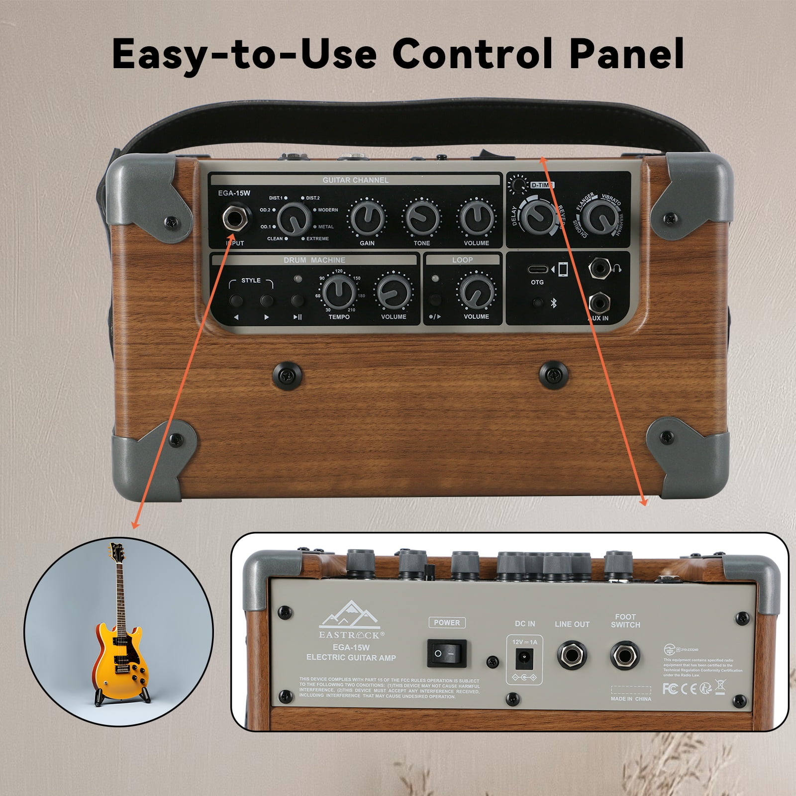 EASTROCK 15W Electric Guitar Amp, EGA-15W Portable Guitar Amplifier with Bluetooth,8 Voices, FX Effects,Built-in Looper & Drum Machine Speaker, AUX/OTG/Headphone Wood