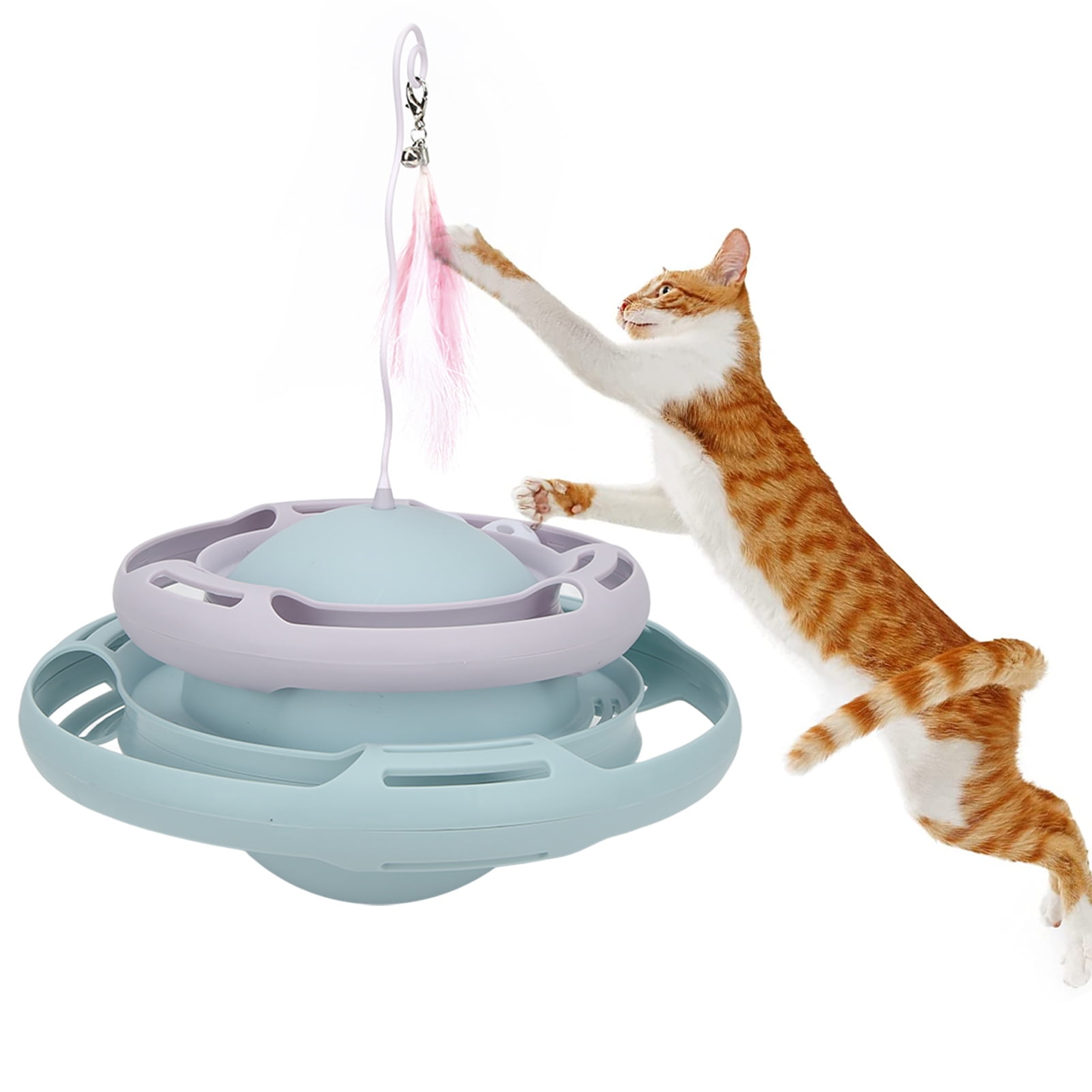 BIMZUC Interactive Cat Turntable Toy with Teaser Wand, Puzzle Track Ball Kitten Toys, Light Blue/Purple, 9.8 in / 25 cm