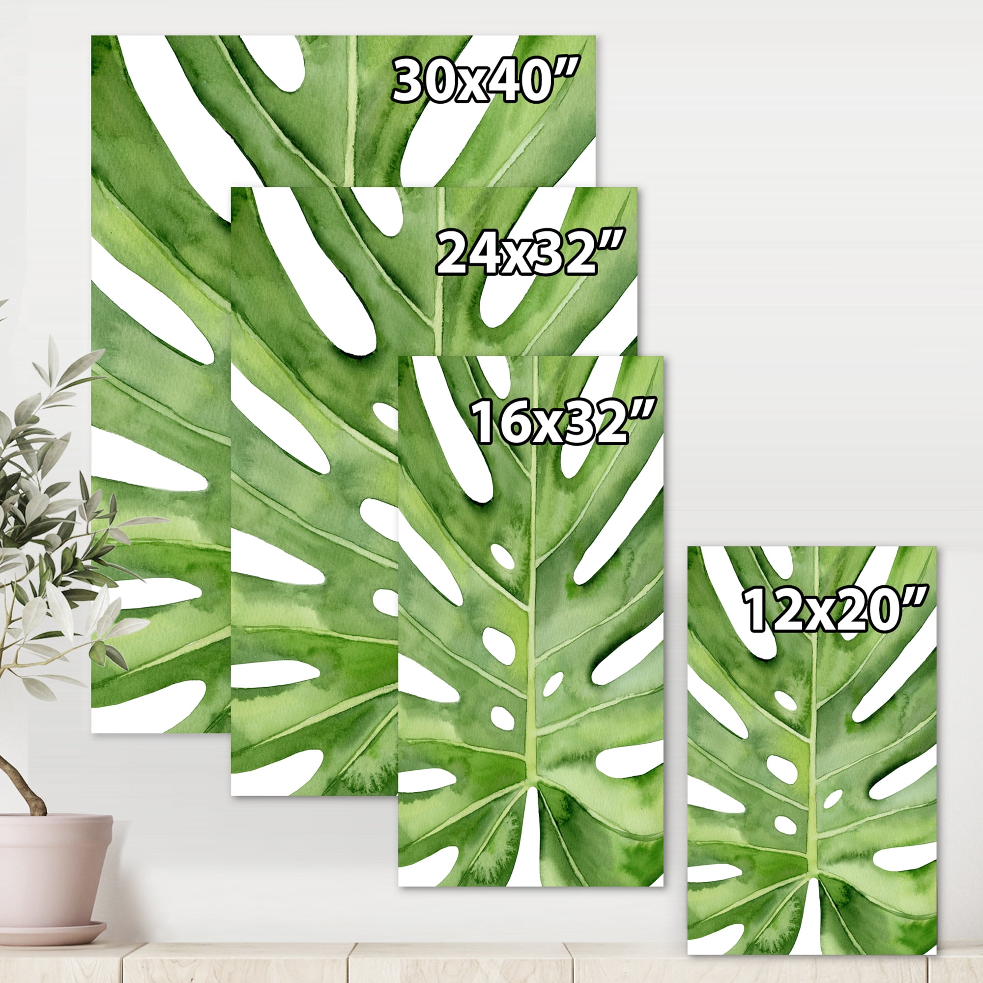 Designart ' Close Up Green Monstera Leaf Tropical Palm ' Tropical Canvas Wall Art Print