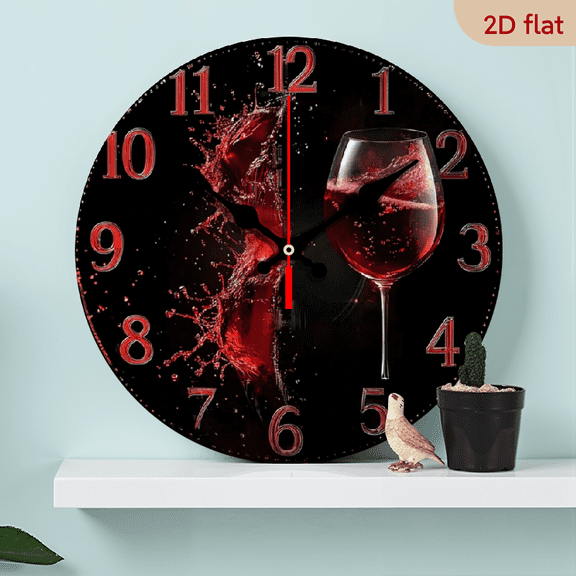 A 10-inch 2D flat "Splashed Red Wine" themed wooden silent wall clock is an excellent choice for decorating the home wall and is also an ideal gift for the New Year.