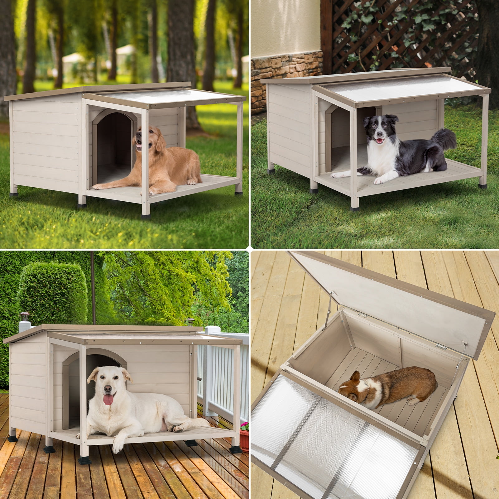 Petsfit Dog House, PVC Asphalt Roof Dog House for Large Dogs, Weatherproof Large Dog House with Extra-Large Terrace