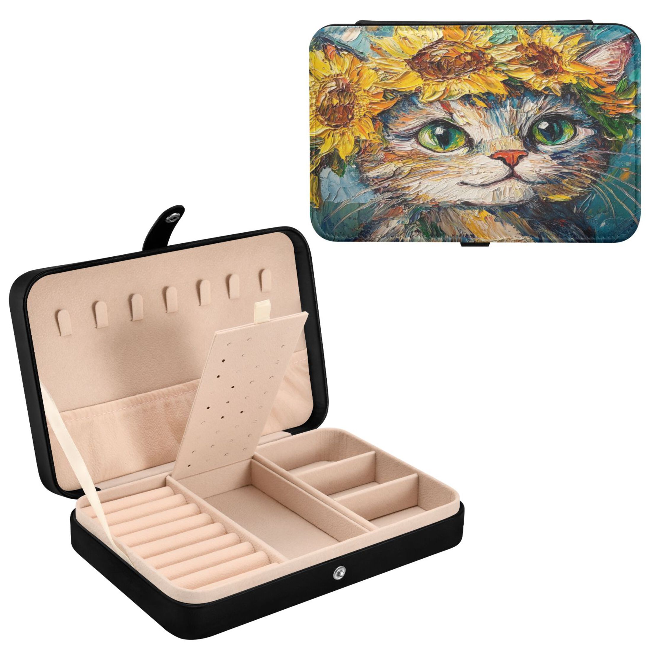 Leather Jewelry Box Rectangular 8.27x5.5x1.78In Travel Jewelry Storage Earrings Necklace Bracelet Watch Brooch Storage Cute Sunflower Cat