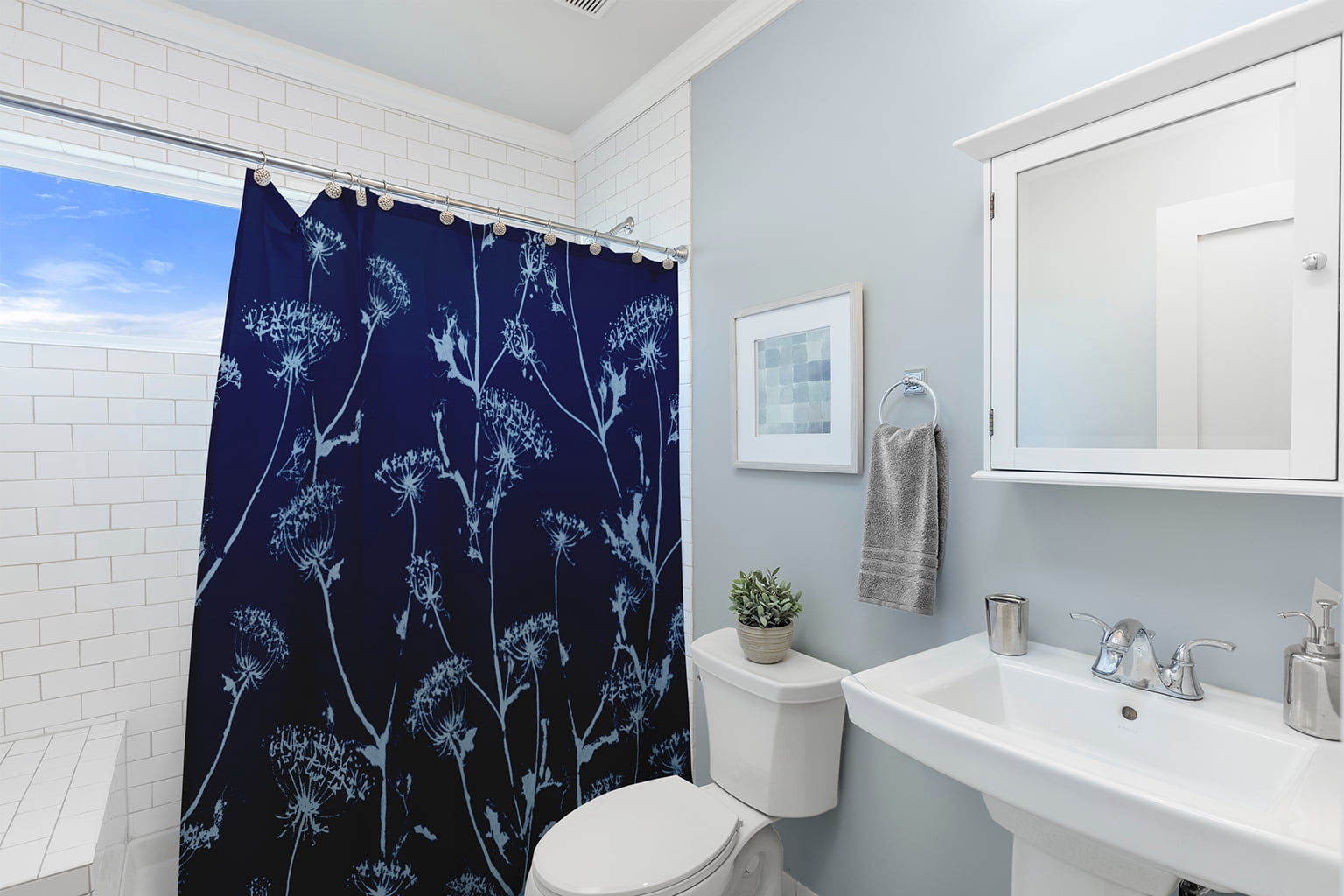 Simply Daisy 70" W x 73" L Windy Blossom Polyester Shower Curtain, Navy [1 Ct]
