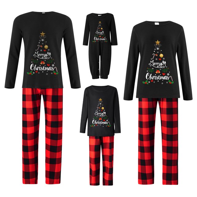 Pijamas navideños familiares a juego, camisetas de manga larga con estampado de árbol de Navidad y luces de guirnalda + pantalones/monos a cuadros con cintura elástica.