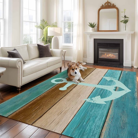 5'x8' Area Rugs, Teal Blue Brown Anchor Indoor Outdoor Area Rug for Living Room Bedroom, Vintage Nautical Coastal Ocean Wooden Washable Bathroom Rugs Kitchen Floor Carpet Mats Home Decor Aesthetic