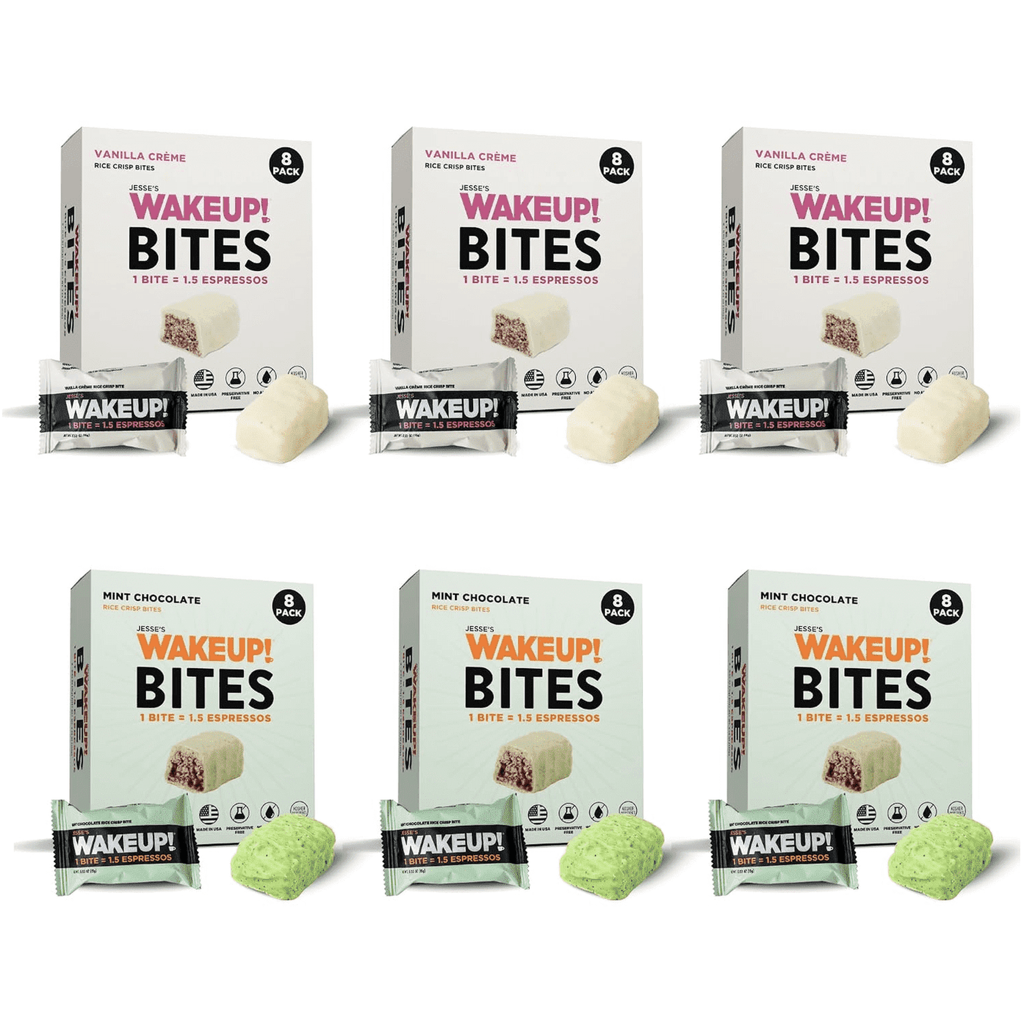 Jesse’s Wakeup Caffeinated Vanilla & Mint Chocolate Bites - 175mg Caffeine (1 Bite = 1.5 Espressos) – Gluten-Free, Vegan, Kosher – 6 Boxes (48 pack bItes)