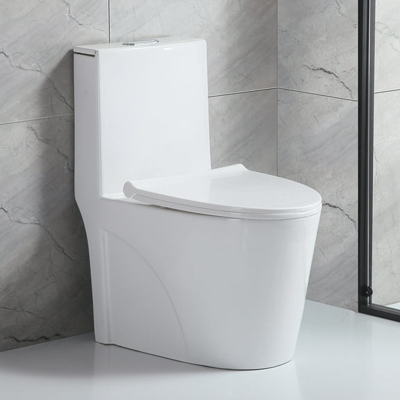 One -Piece Elongated Toilet, ADA 16.73” High Toilet, Powerful Single Flush, Toilet with Comfort Height Toilet Seat, White