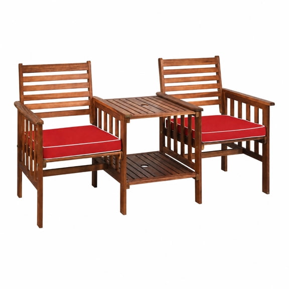 Furnibear 3 Piece Outdoor Patio Furniture Set Acacia Wood Conversation Set with Cushioned Loveseat 2 Chairs and Table for Backyard Garden, Red