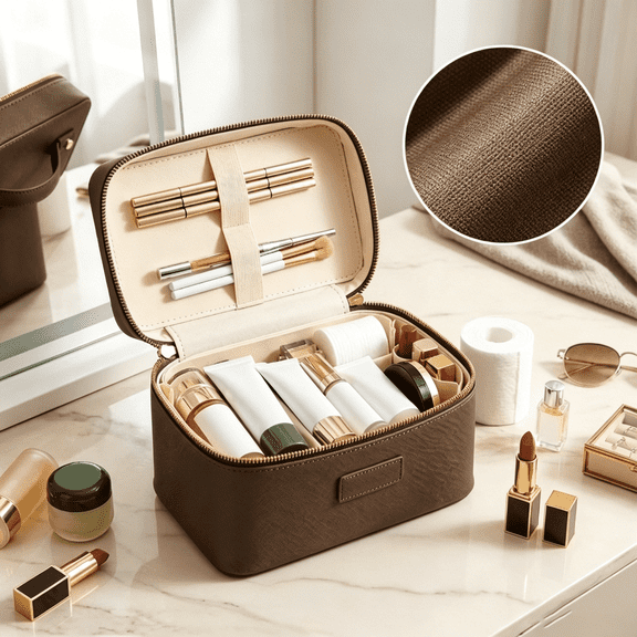 Travel Makeup Bag, Portable Cosmetic Organizer with Dividers, Waterproof PU Leather Toiletry Bag for Women(Brown)