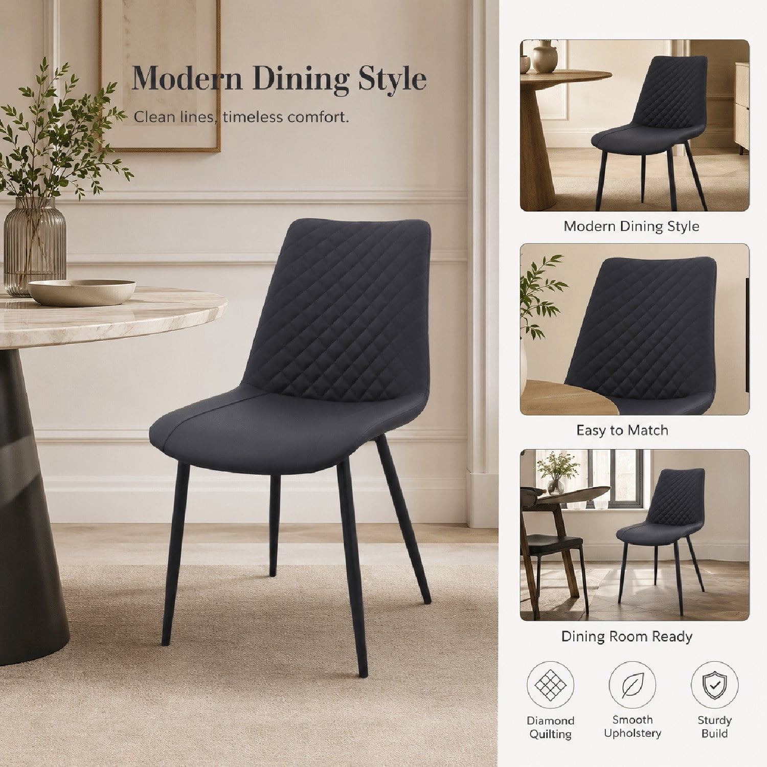 Modern PU Leather Dining Chairs, Set of 2, Faux Leather Upholstered Kitchen Chairs with Metal Frame, Diamond-Quilted, for Dining Room, Kitchen, Living Room, Restaurant