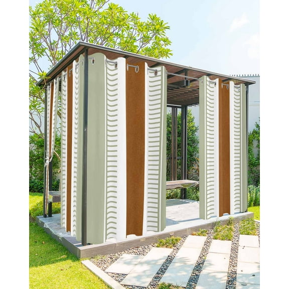Outdoor Curtains for Patio Boho Sage Green and Brown Striped Geometric Retro Waterproof Privacy Outside Curtains with Tiebacks Grommet Top Pergola Curtains for Cabana Gazebo 2 Panels, 54x95 inch