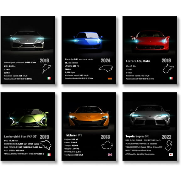 Car Wall Art Prints Set of 6 Modern Super Car Poster Racing Car Aesthetic Picture Wall Decor Canvas Vintage Art Wall Painting for Men Living Room Hallway (A, 8"x10" UNFRAMED)