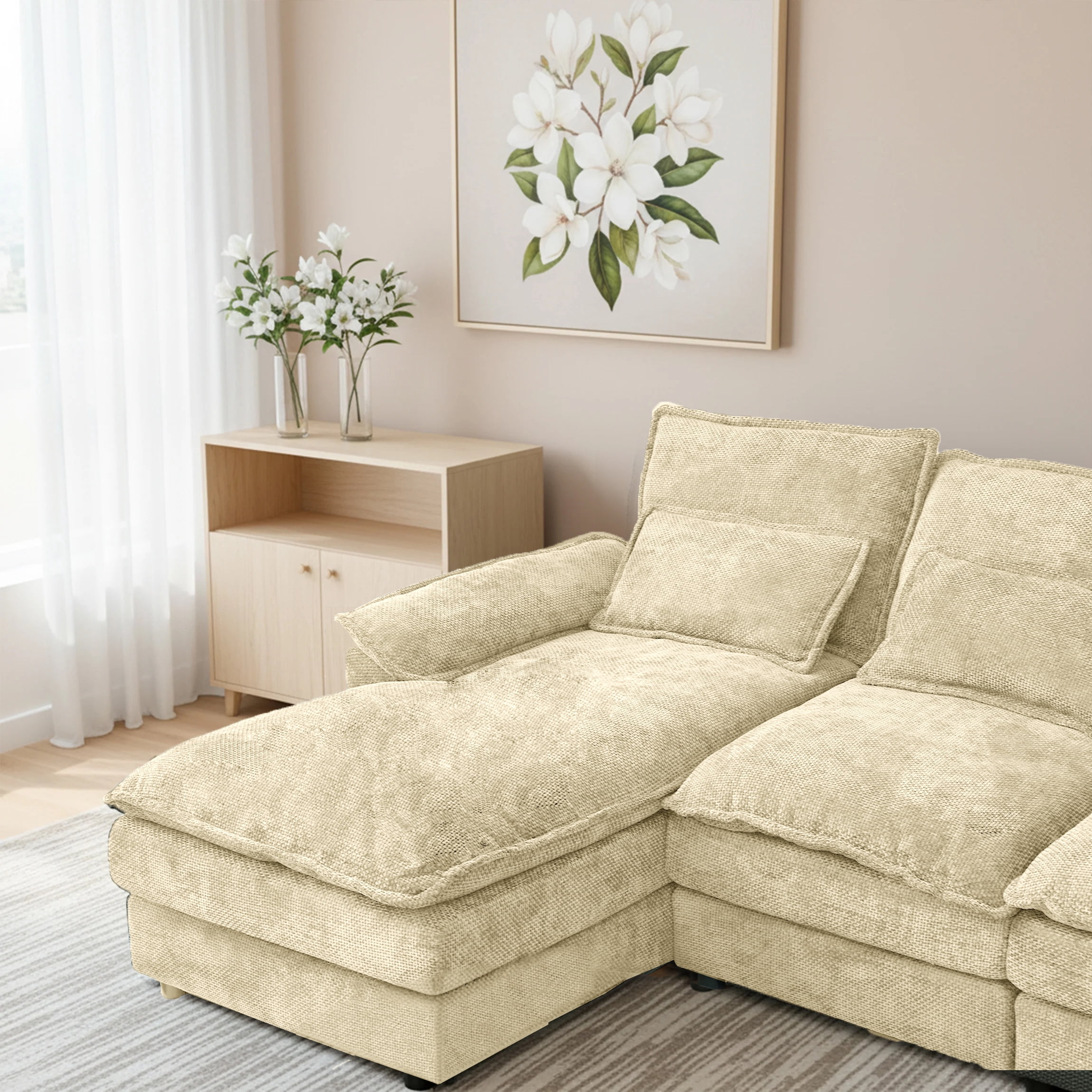 SEENYOO 110.24" U-Shaped Couch, Cloud Modular Sectional Sofa with Chenille Fabric, 4-Seat Comfy Couch for Living Room,Khaki