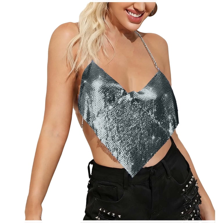 Women's Sequins Camisole Crop Top Open Back Shining Club Party