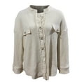 thumbnail image 3 of Waffle Button Down Shirts for Women Dressy Casual Work Shacket V Neck Long Sleeve Lightweight Tops with Pocket 01-Beige XL, 3 of 5