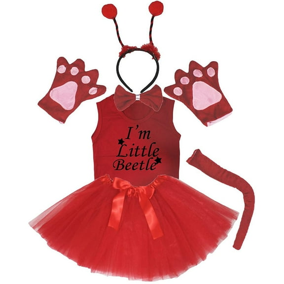 Petitebelle Beetle Ladybug Headband Bowtie Tail Gloves Tutu Shirt 6pc Costume (Red, 6-8 Years)