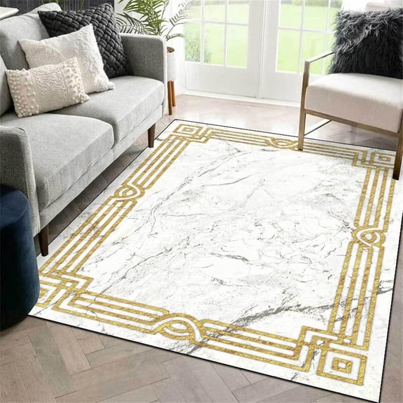 White Marble Carpet, 3D Nordic Modern Gold Frame Living Room Rug, Doormat Pattern Clear Comfortable Feet Apply to Farmhouse Bedroom Area,2'x3'