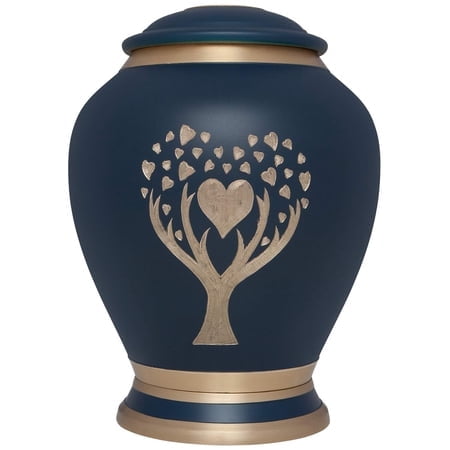 Blue Cremation Urn with Tree of Life by Liliane Memorials - Urns for Human Ashes remains - Brass - Suitable for Funeral Cemetery Burial or Niche - Large Size for Adults up to 200 lbs - Heart Love Tree