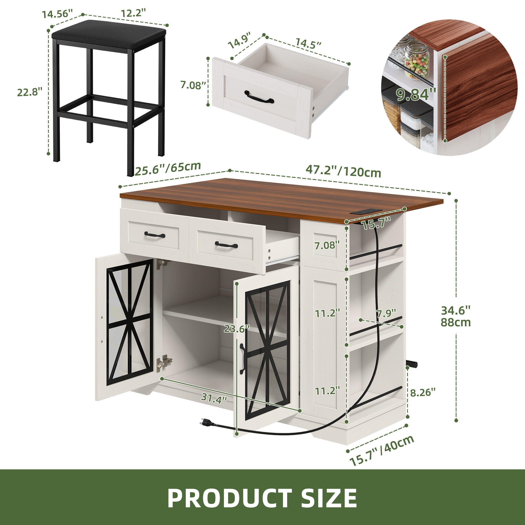 Uforic Kitchen Island Table with Seating & Drop Leaf, Kitchen Island with Storage & Wheels, Off-White