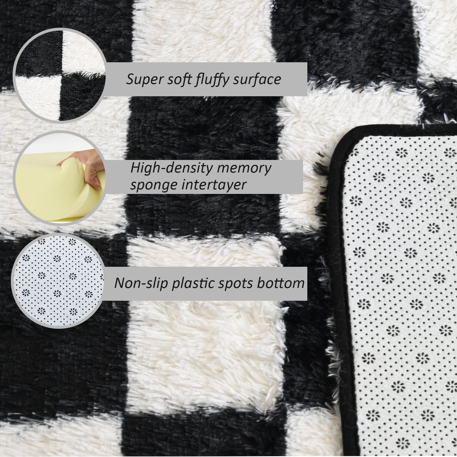 Pentantan 5ft x 8ft Shag Area Rugs for Living Room, Classic Checkered Fluffy Bedroom Carpet, Black & White