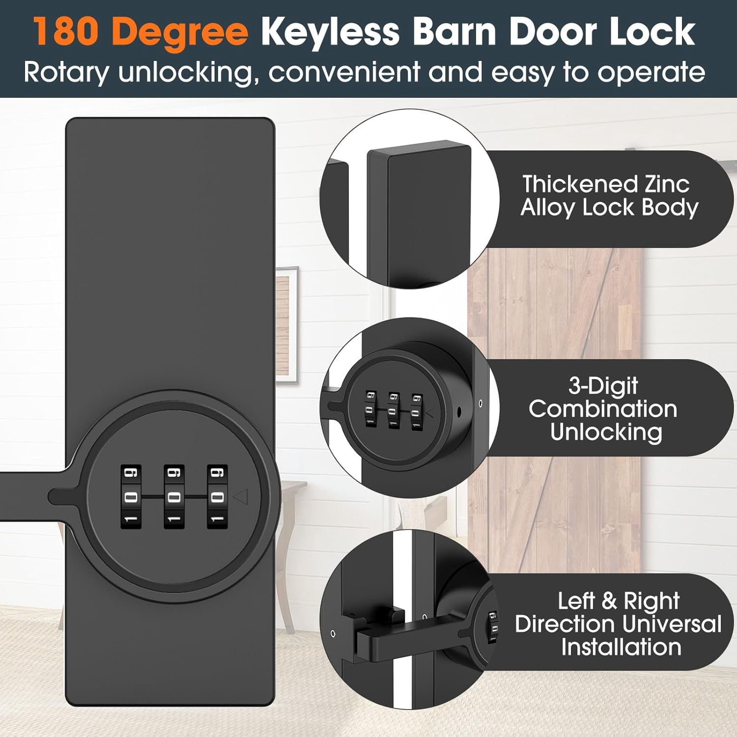 ABCISI Password 180 Degree Barn Door Latch, Keyless Adhesive Flip Latch, Sliding Door Latch with 3-Digit Combination, Cabinet Lock with Glue and Screws for Gate,Shed, Bedroom, Closet (1, Black)
