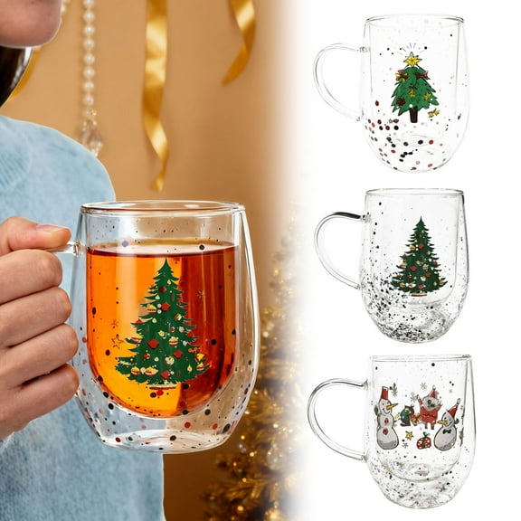 Christmas Glasses with Handle 14oz Christmas Tree Stemless Glass Double Old Fashioned Drinking Cups Party Xmas Gift for Family Friends Party Event