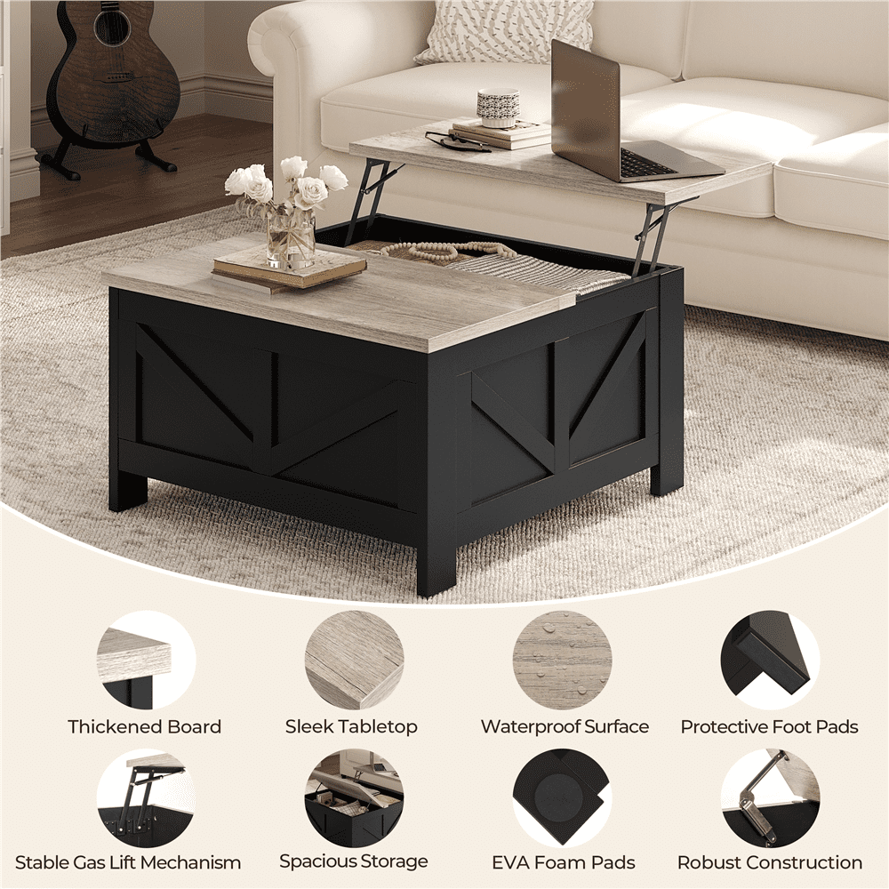 Alden Design Farmhouse Square Lift Top Coffee Table with Hidden Compartments, Black & Gray