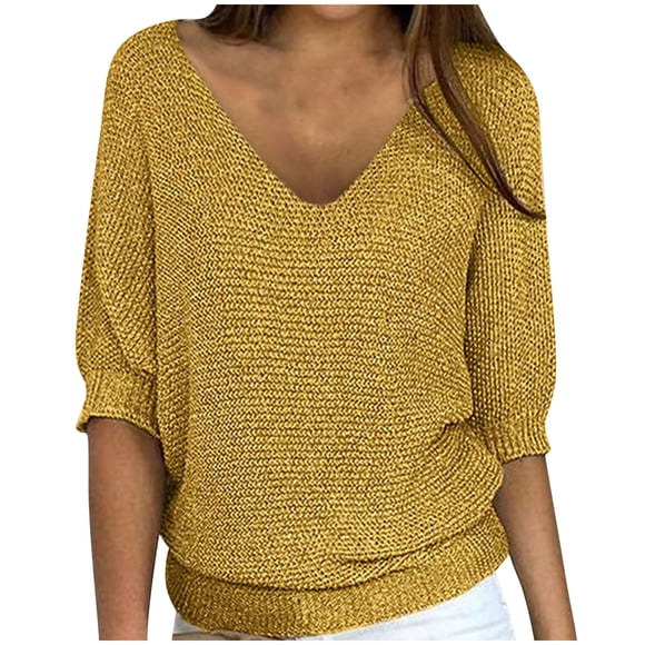 biudgviw Womens Plus Size Tops Loose 3/4 Sleeve Pullover Sweaters Oversized Soft V Neck Casual Shirts Fashion Clothing