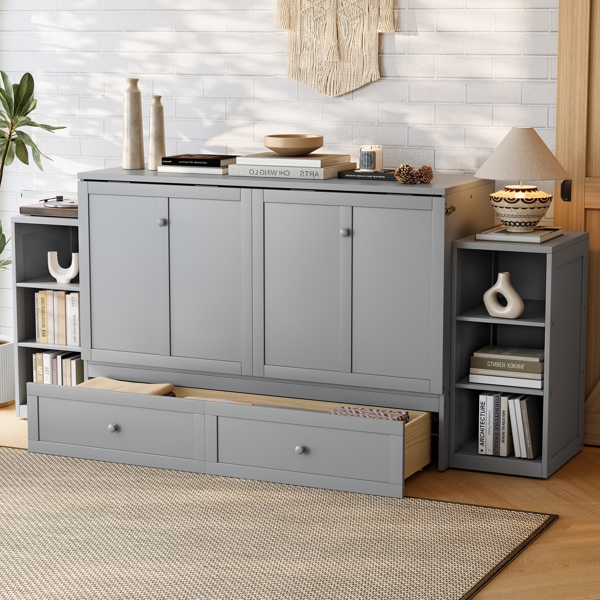 Mintazer Queen Size Murphy Bed with 6 Side Shelves & 2 Drawers, Modern Foldable Cabinet Bed for Bedroom Apartment Guest Room, Gray