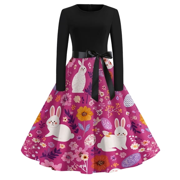 LWavelet Women's Long Sleeve Fit-and-Flare Dress, Patchwork Bunny & Carrot Print with Satin Bow Belt for Casual & Easter Outfits Hot Pink XL