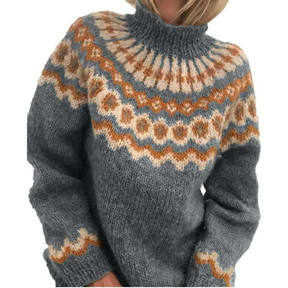 Turtleneck Sweater Women's Knitted Isle Print Retro Sweater Casual Loose High Collar Long Sleeve Lightweight Cropped Sweater Sweaters For Women