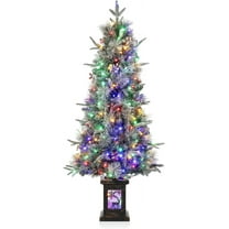 Lumiparty 4.5ft Prelit Artificial Christmas Trees with 150 Lights & 20 Clusters Red Berry, Potted Xmas Tree with 8 Light-Modes, Elk Base, Holiday Decor