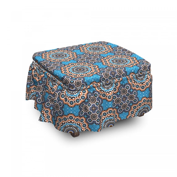 Vintage Ottoman Cover, Moroccan Ceramic Tile, 2 Piece Slipcover Set with Ruffle Skirt for Square Round Cube Footstool Decorative Home Accent, Standard Size, Multicolor, by Ambesonne
