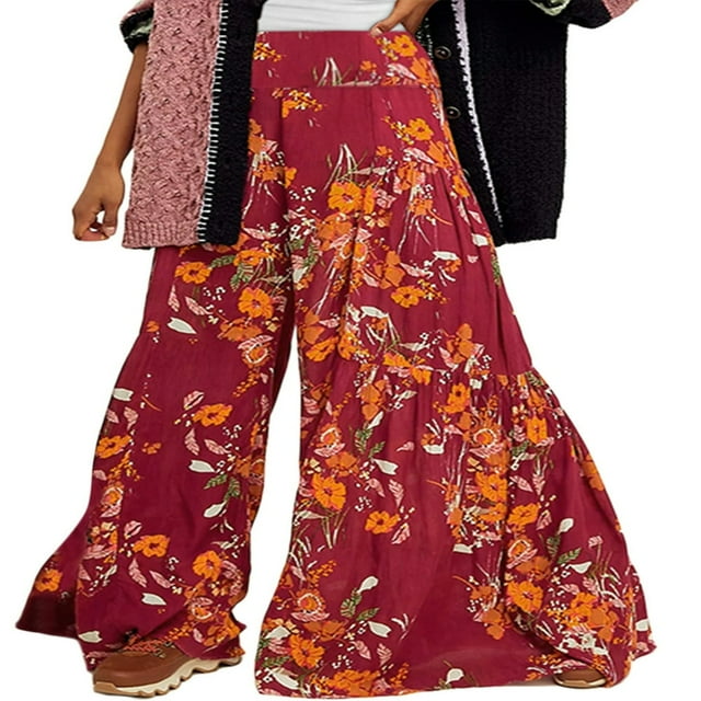 Femmes Boho Beach Pants Taille Haute Décontracté Évasé Jambe Large Droite Impression Beach Pants