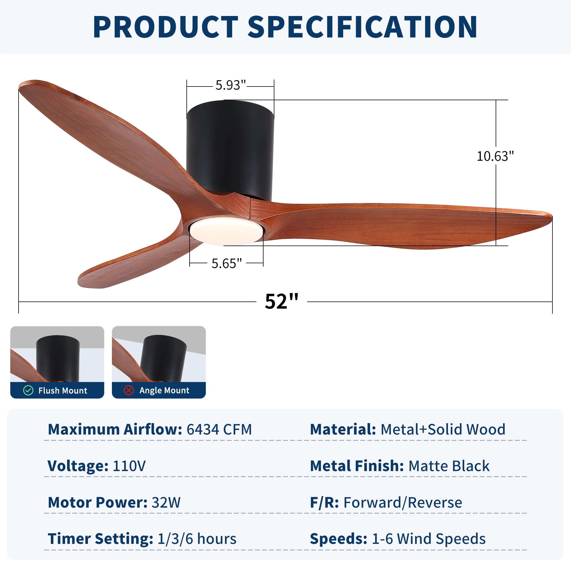 Leumius 52" Mordern Farmhouse Retro Solid Wood Low Profile Flush Mount Ceiling Fan with Light and Reversible Quiet Motor for Living Room Bedroom