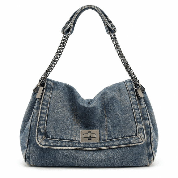 REMANLAND Women's Denim Shoulder Bag with Chain Strap and Turn-Lock Flap, Blue