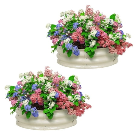 BPS 9" Tall Aluzinc Metal Raised Garden Bed 30" Round for Vegetable, Flower - Beige (Set of 2)