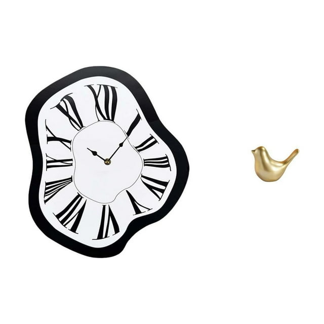 Reloj de pared acrílico distorsionado con escultura de pájaro dorado. Figura de reloj derretido, única y creativa, adorno de lujo para decoración del