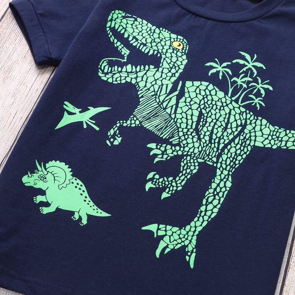 TOWED22 Baby Toddler Boys 2 Pieces Cute Dinosaur Print Short Sleeve T Shirt Tops and Stretch Shorts Clothes Set（Navy,6-7 Y）
