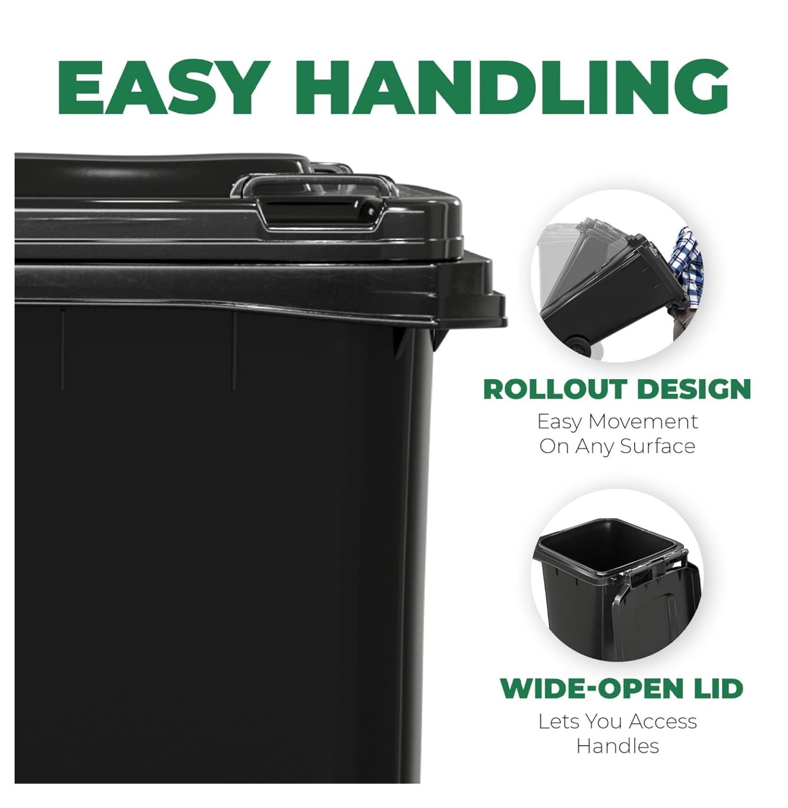Outdoor Garbage Can with Lid - 32 Gallon Trash Can for Backyard, Deck, Garage - Dual Wheels, Extra Heavy-Duty, Durable Handle - Versatile Home & Storage Container - Black, 2-Pack
