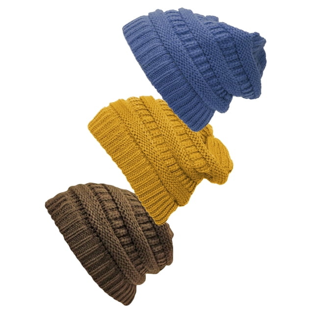 Bonnet Tricoté pour Femmes Lot de 3 - Moutarde/denim Foncé/marron