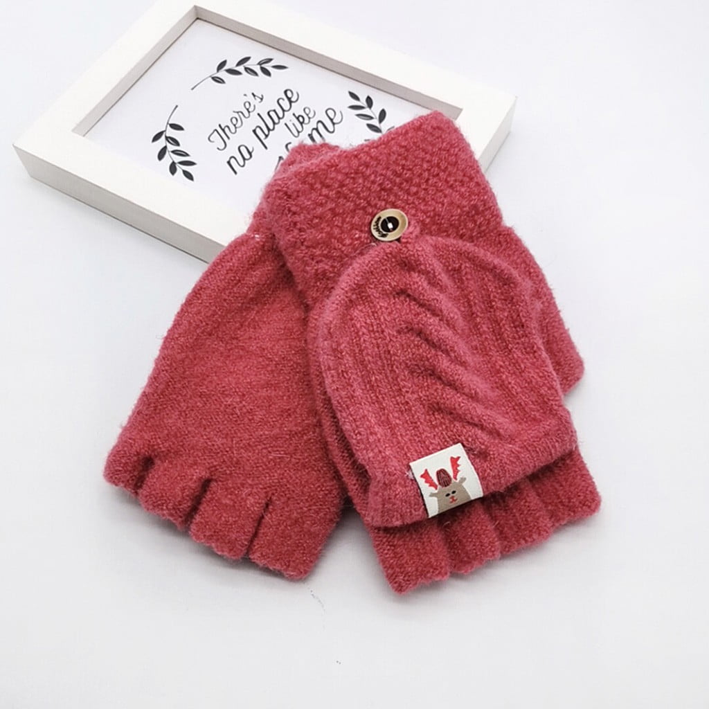 Kids Toddler Winter Warm Knitted Mittens Boys Girls Cute Flip Top Gloves 
