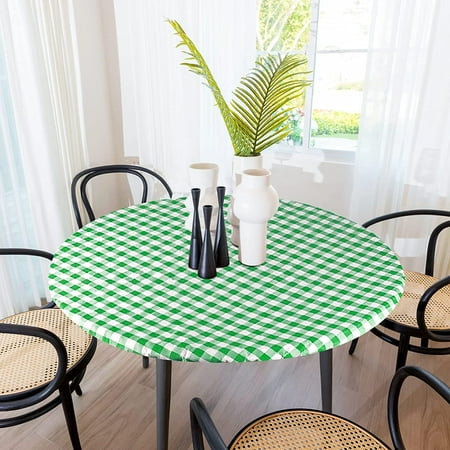 Sorfey Round Picnic Table Cover Checkered Fitted Tablecloth Green 48 x 48